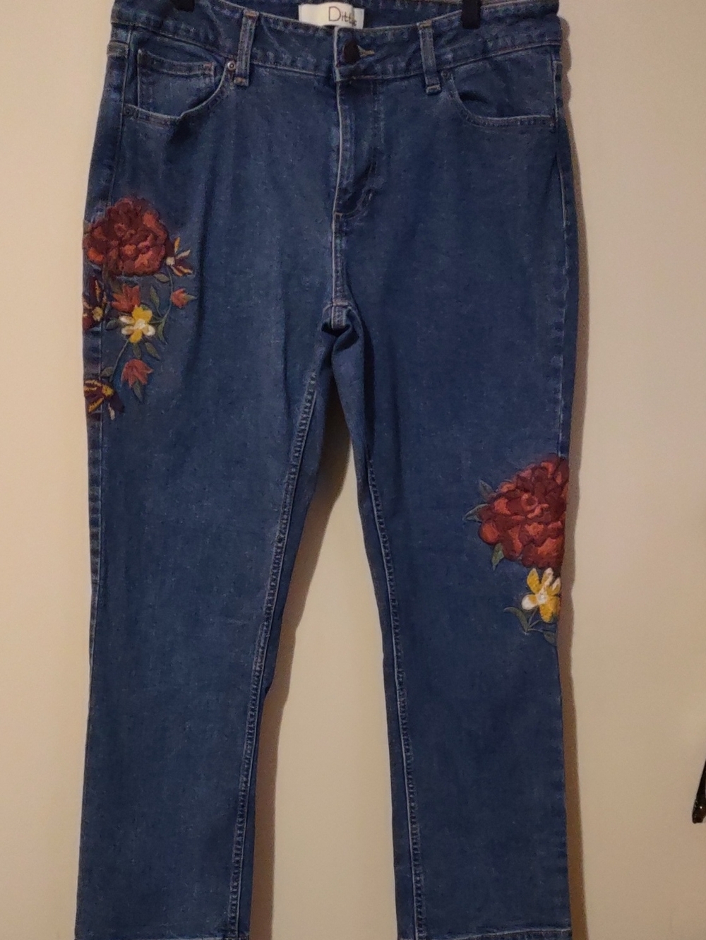 Dittos Floral Embroidered Straight Leg Jeans Blue Denim Rose Boho Festival .12